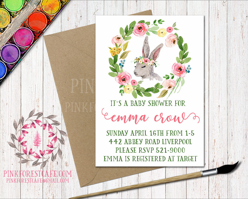 Bunny Rabbit Woodland Boho Garden Floral Birthday Party Baby Bridal Shower Invitation Announcement Invite Watercolor Printable