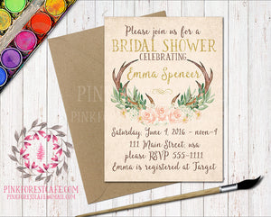 Woodland Baby Bridal Shower Birthday Party Boho Antlers Printable Invitation Invite Announcement