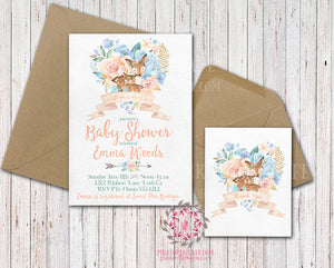 Boho Woodland Deer Baby Bridal Shower Birthday Party Invitation Invite Thank You Cards Set Floral Printable