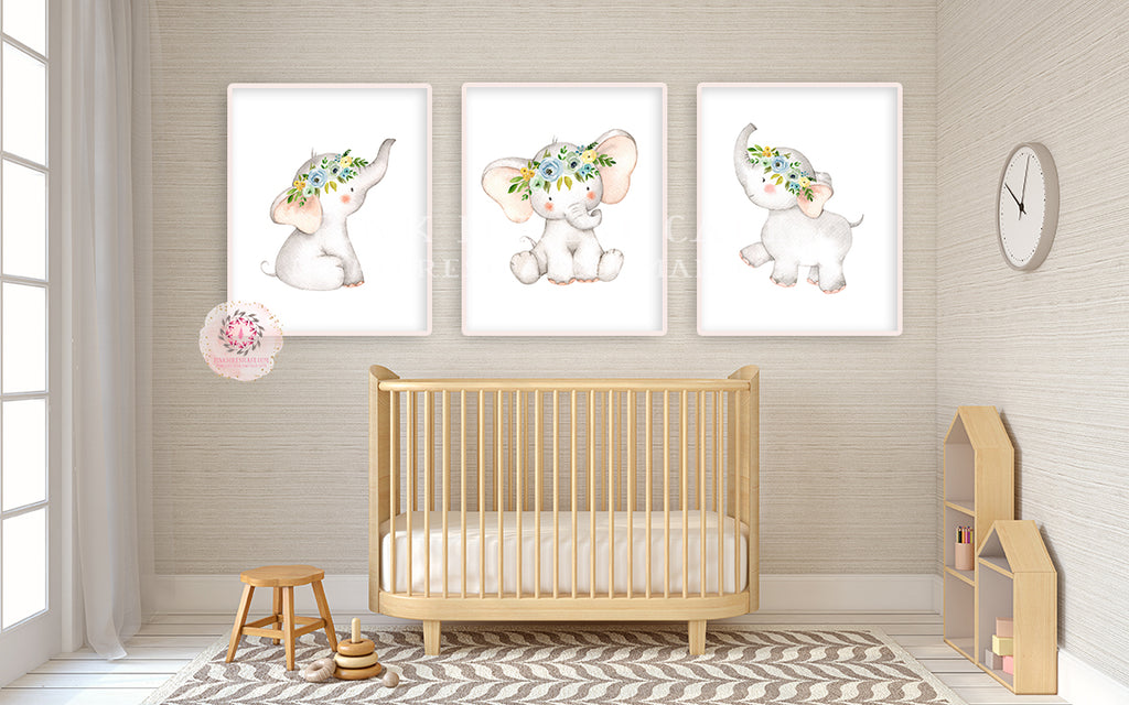 3 Boho Elephant Wall Art Print Baby Girl Nursery Blue Navy Yellow Whimsical Zoo Safari Animal Watercolor Printable Decor