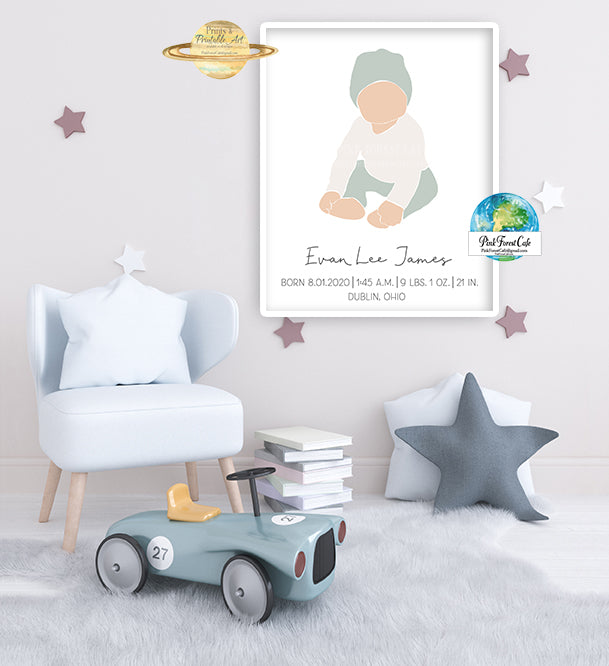 Boho Baby Boy Name Birth Stats Personalized Wall Art Print Nursery Scandinavian Printable Custom Color Decor