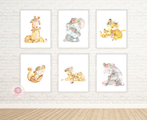 6 Boho Elephant Giraffe Lion Monkey Wall Art Print Baby Nursery Whimsical Zoo Safari Animal Watercolor Printable Decor