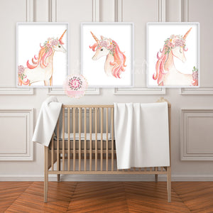 3 Boho Pink Peony Unicorn Wall Art Print Baby Girl Pink Nursery Ethereal Whimsical Floral Prints Printable Decor