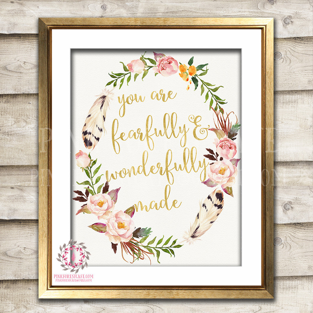 Boho You Are Fearfully And Wonderfully Made Watercolor Printable Wall Art Baby Girl Nursery Print Decor