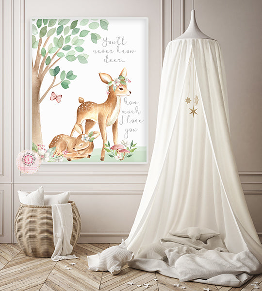 You Are My Sunshine Boho Deer Wall Art Print Woodland Floral Nursery Baby Girl Room Printable Watercolor Decor