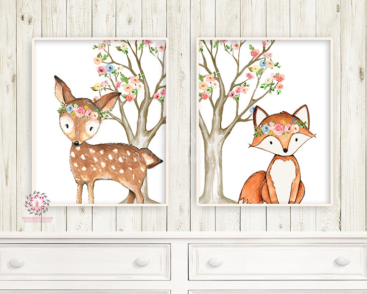 2 Deer Fox Printable Print Wall Art Woodland Boho Bohemian Floral Nursery Baby Girl Bedroom Set Lot Prints Decor