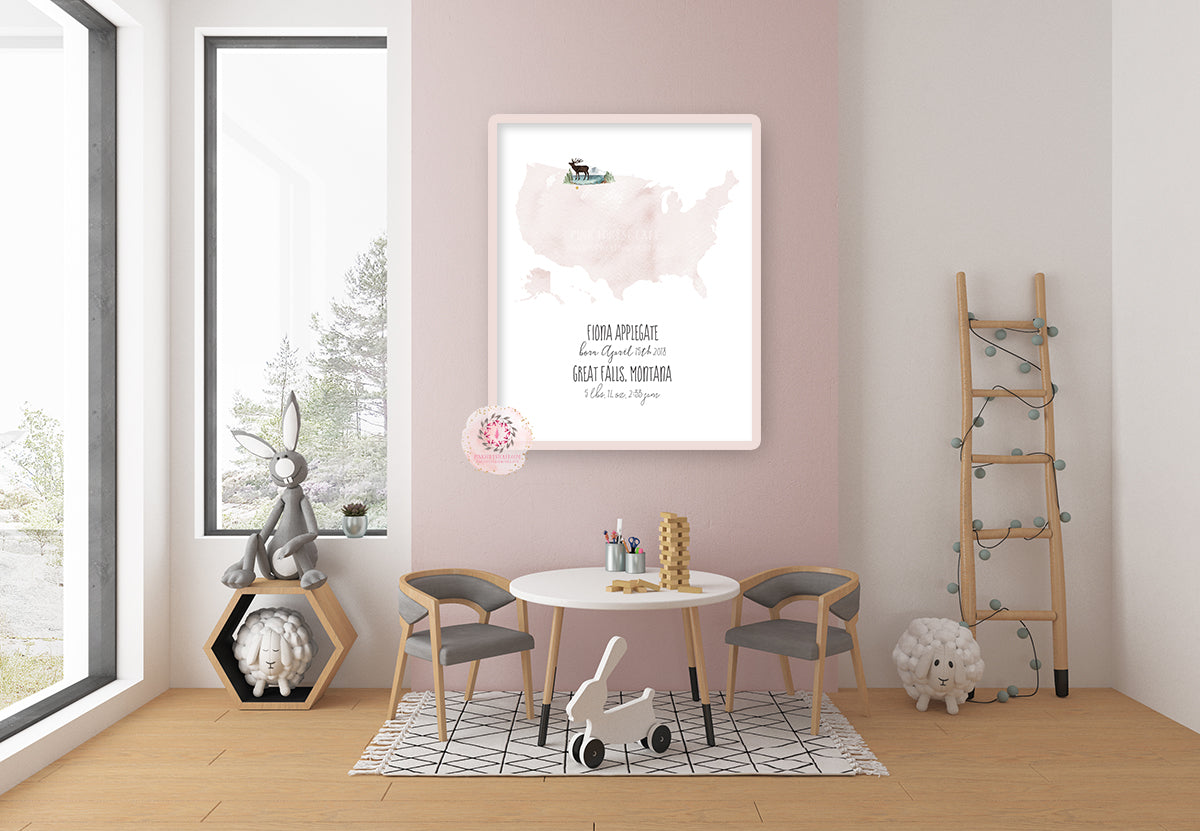 Wanderlust Map Baby Name Wall Art Print Personalized Icons Birth Stats Nursery Baby Boy Girl Gender Neutral Room Watercolor Personalized Printable Decor