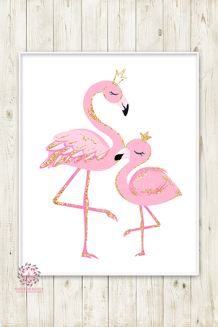 Pink Flamingo Baby Girl Nursery Wall Art Print Pink Gold Crown Ethereal Whimsical Bohemian Floral Minimalist Printable Decor