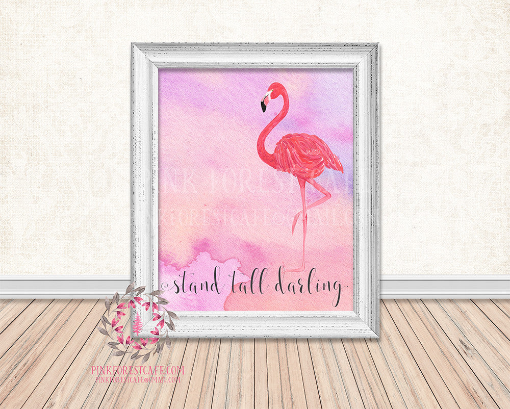 Watercolor Pink Flamingo Stand Tall Darling Boho Printable Print Wall Art Home Office Decor