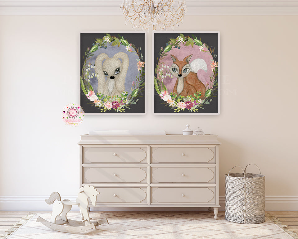 2 Boho Bunny Fox Ethereal Wall Art Print Baby Nursery Woodland Fleur Forest Room Printable Home Decor