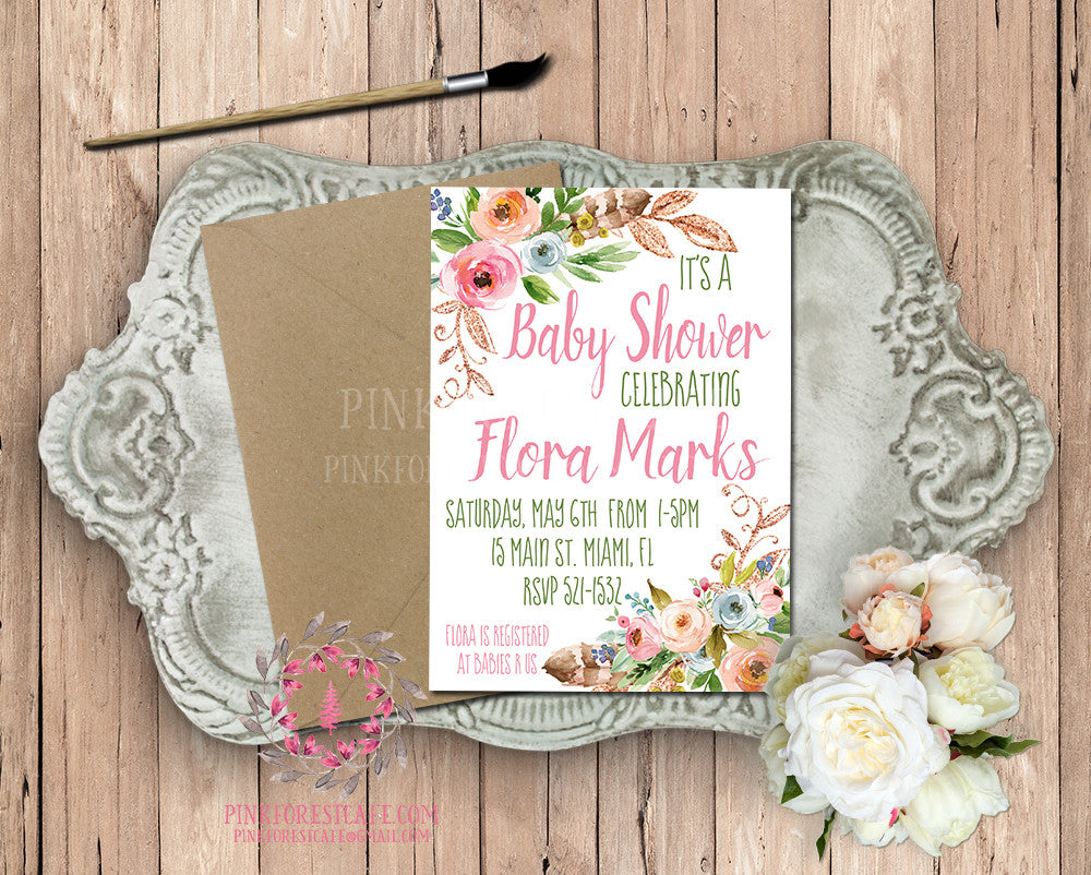 Woodland Floral Flowers Baby Bridal Shower Birthday Party Printable Invite Invitation Announcement