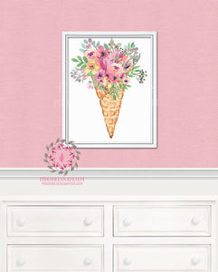 Boho Ice Cream Cone Watercolor Floral Nursery Home Decor Wall Art Printable Print