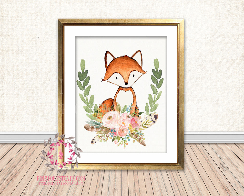 Boho Fox Bohemian Blush Floral Feather Woodland Nursery Baby Girl Room Printable Print Wall Art Decor