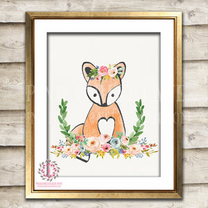 Fox Woodland Boho Bohemian Floral Nursery Baby Girl Room Printable Print Wall Art Decor