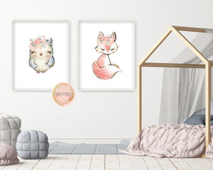 Gold Fox Owl Woodland Wall Art Print Boho Feather Prints Floral Nursery Baby Girl Room Set Lot Printable Decor