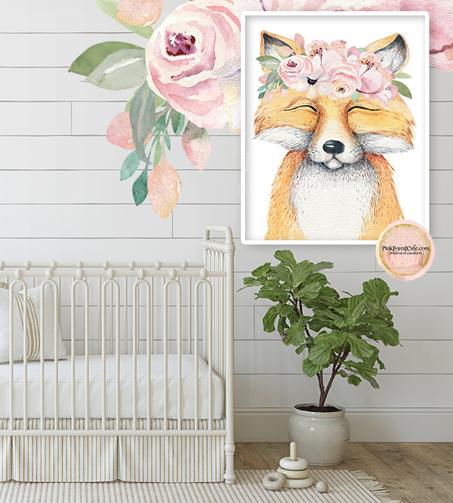 Boho Blush Fox Wall Art Print Woodland Nursery Baby Girl Room Floral Bohemian Watercolor Printable Decor