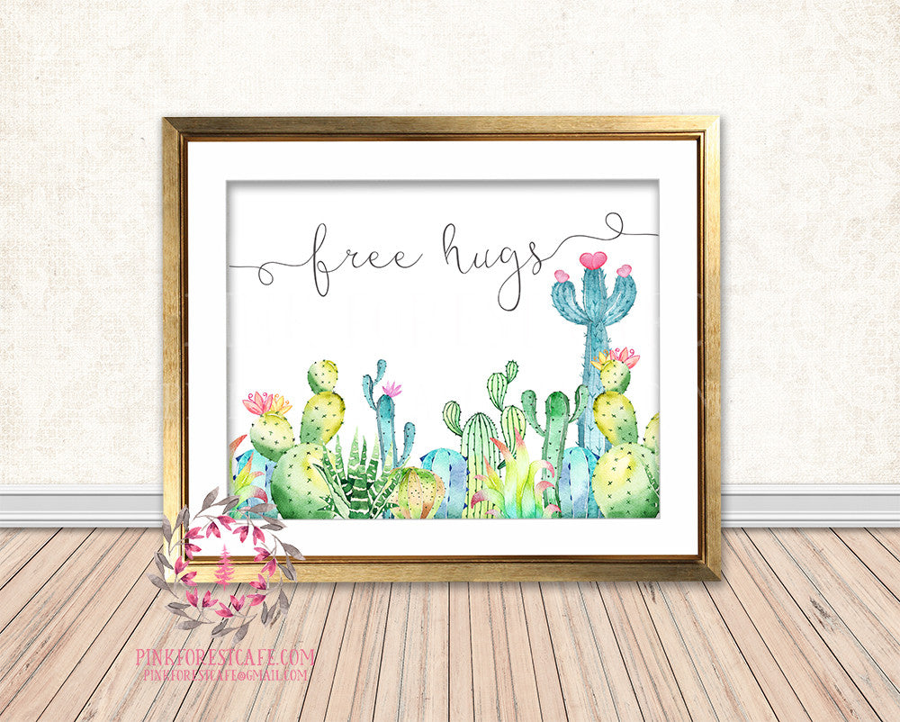 Free Hugs Cactus Succulent Boho Baby Nursery Home Decor Wall Art Printable Print