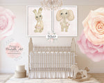 2 Boho Elephant Bunny Rabbit Wall Art Print Watercolor Baby Nursery Printable Decor