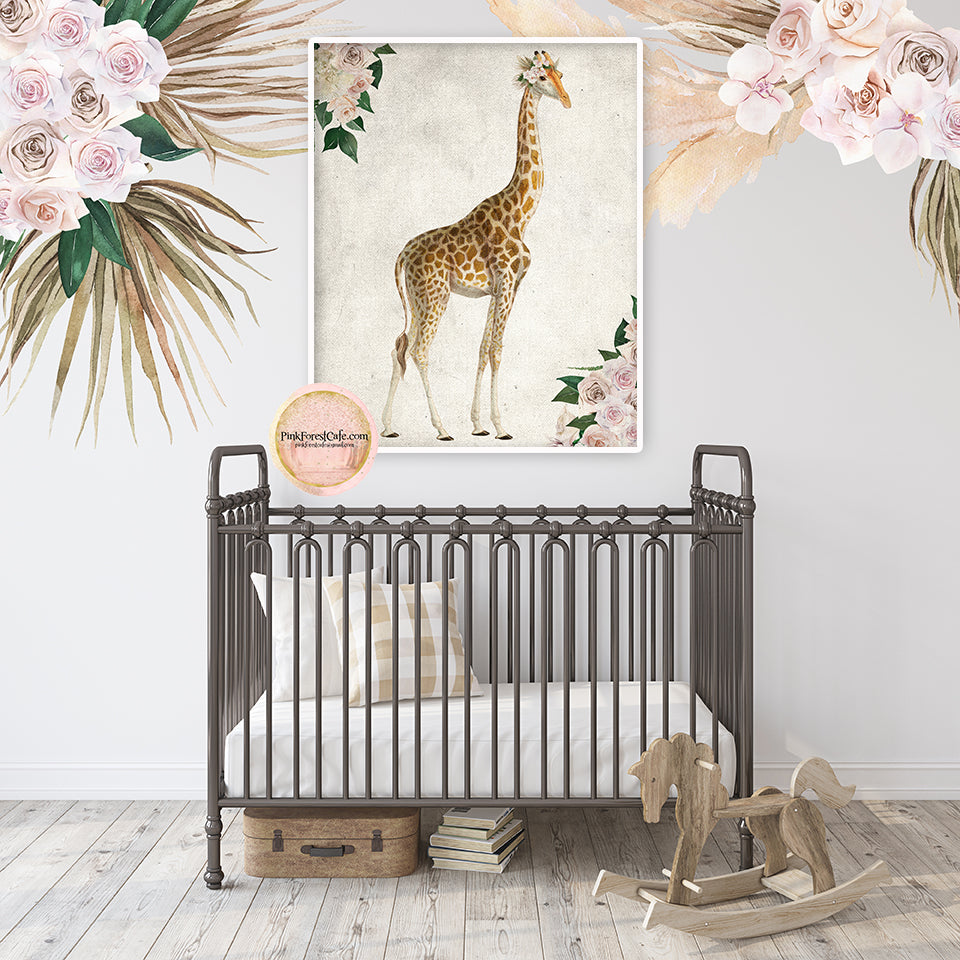 Boho Tropical Giraffe Wall Art Print Blush Nursery Zoo Baby Girl Room ...