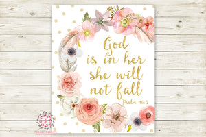 Boho God Is In Her She Will Not Fall Wall Art Print Baby Nursery Psalm 46:5 Bible Verse Home Printable Decor