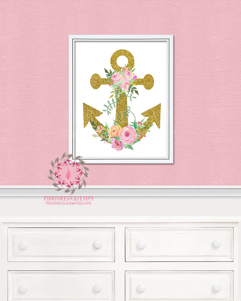 Gold Glitter Anchor Floral Nautical Printable Print Wall Art Home Nursery Home Decor