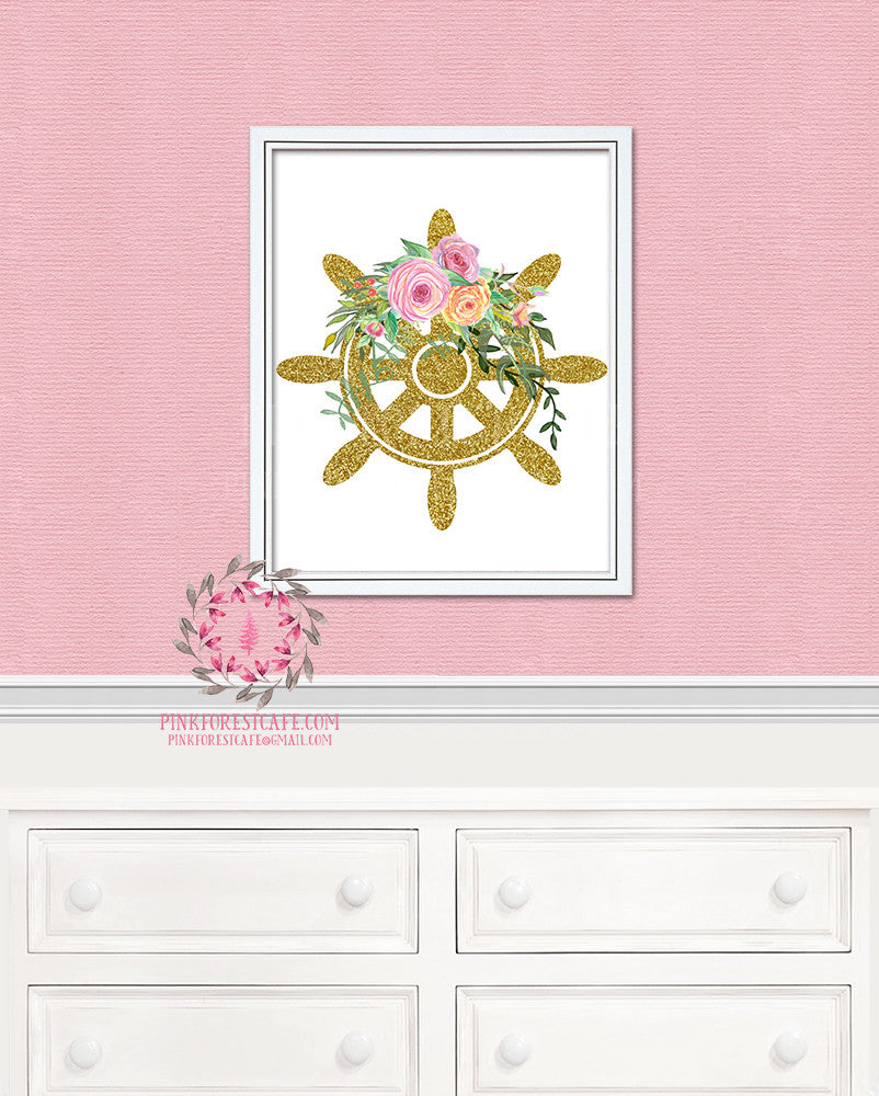 Gold Glitter Ship Wheel Floral Nautical Printable Print Wall Art Home Nursery Home Decor