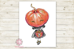 Pumpkin Witch Halloween Girl Black Cat Party Wall Art Print Printable Watercolor Decor