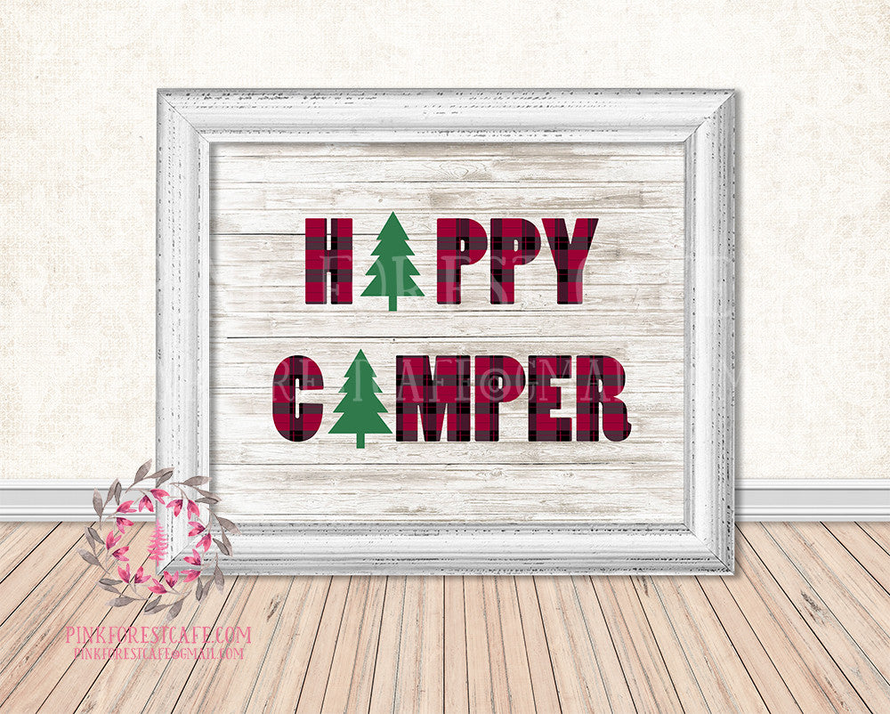 Happy Camper Wall Art Print Buffalo Check Plaid Pine Tree Rustic Woodl Pink Forest Cafe
