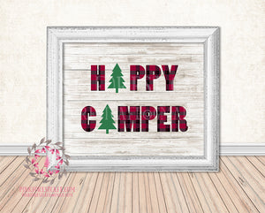 Happy Camper Wall Art Print Buffalo Check Plaid Pine Tree Rustic Woodland Printable Nursery Home Decor