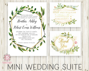 Wedding Suite Greenery Geometric Wedding Invite Invitation RSVP Thank You Cards Gold Green Leaves 2 Sided Watercolor Bridal Shower Printable