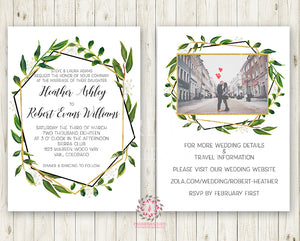 Wedding Suite Greenery Geometric Wedding Invite Invitation RSVP Reception Signs Thank You Cards Table Numbers Gold Green Leaves 2 Sided Watercolor Bridal Prints - Printing & Envelopes Included - Set 50 Invitations/RSVP's/Thank You Cards