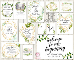 Wedding Suite Greenery Geometric Wedding Invite Invitation RSVP Reception Signs Thank You Cards Table Numbers Gold Green Leaves 2 Sided Watercolor Bridal Prints - Printing & Envelopes Included - Set 50 Invitations/RSVP's/Thank You Cards