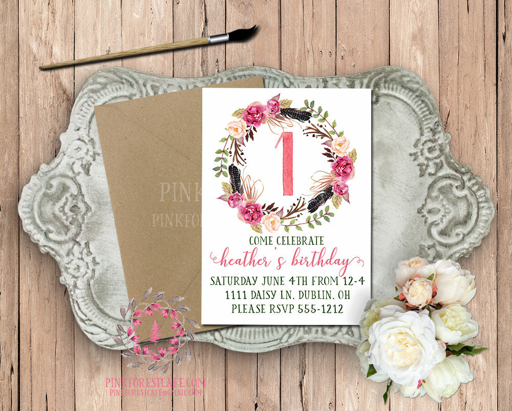 Baby Girl 1st 2nd 3rd 4th 5th Boho Garden Floral Birthday Party Printable Invite Invitation Announcement