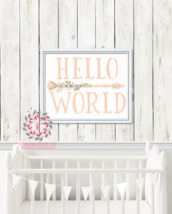 Boho Hello World Arrow Blush Printable Print Wall Art Poster Nursery Decor