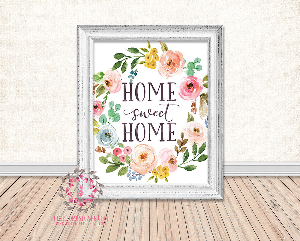 Home Sweet Home Boho Watercolor Floral Printable Print Wall Art Home Decor