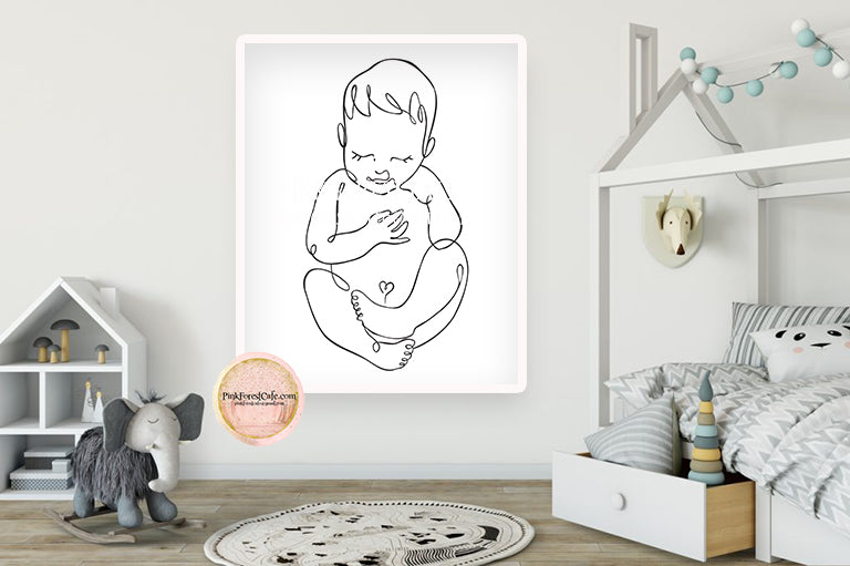 Baby Infant Fetus Black White Wall Art Print Line Drawing Pregnancy Nursery Baby Room Printable Decor