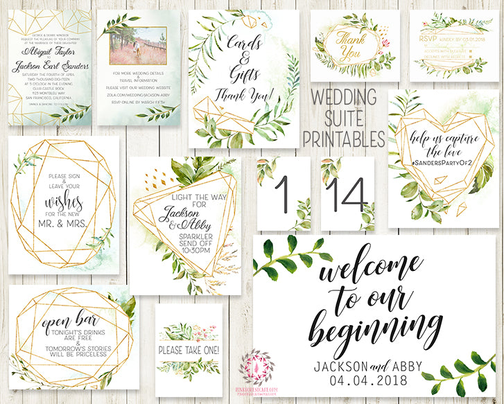 Wedding Suite Greenery Geometric Wedding Invite Invitation RSVP Reception Signs Thank You Cards Table Numbers Gold Green Leaves 2 Sided Watercolor Bridal Printable