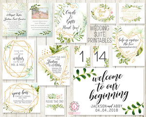 Wedding Suite Greenery Geometric Wedding Invite Invitation RSVP Reception Signs Thank You Cards Table Numbers Gold Green Leaves 2 Sided Watercolor Bridal Printable