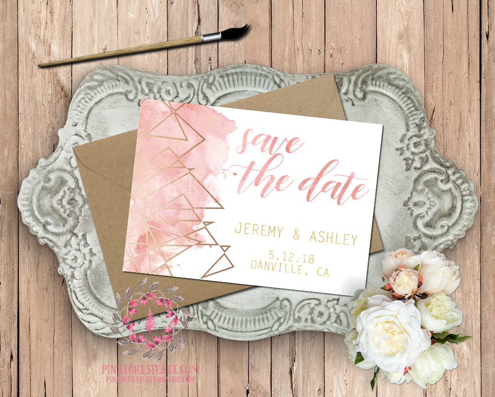 Modern Geometric Rose Blush Gold Wedding Save The Date Invite Invitation Bridal Shower Urban Watercolor Printable Announcement