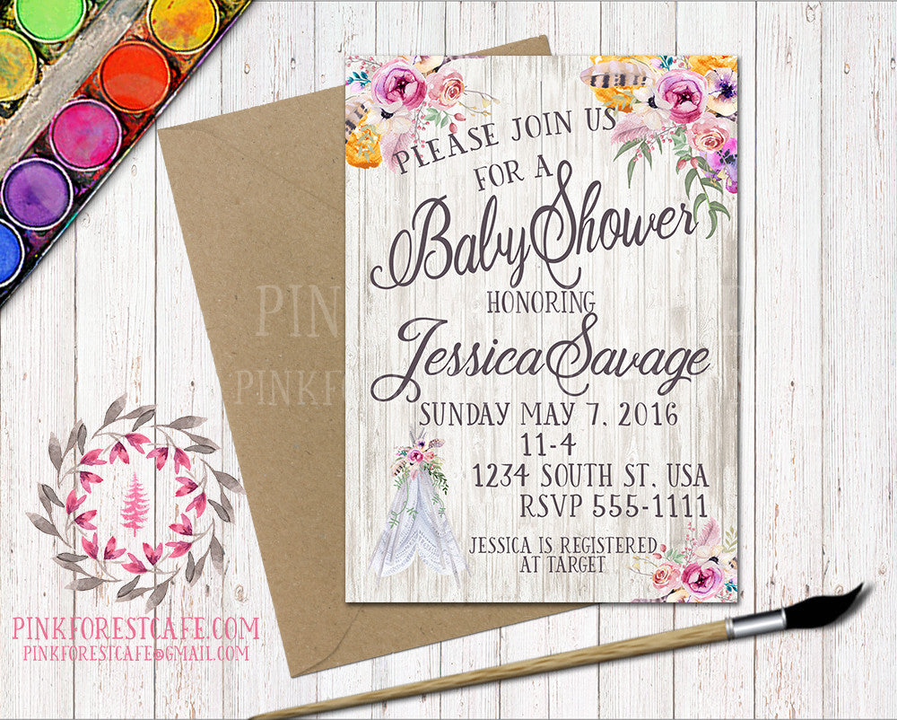 Boho Teepee Baby Bridal Shower Birthday Party Feather Tribal Printable Invitation Invite Announcement