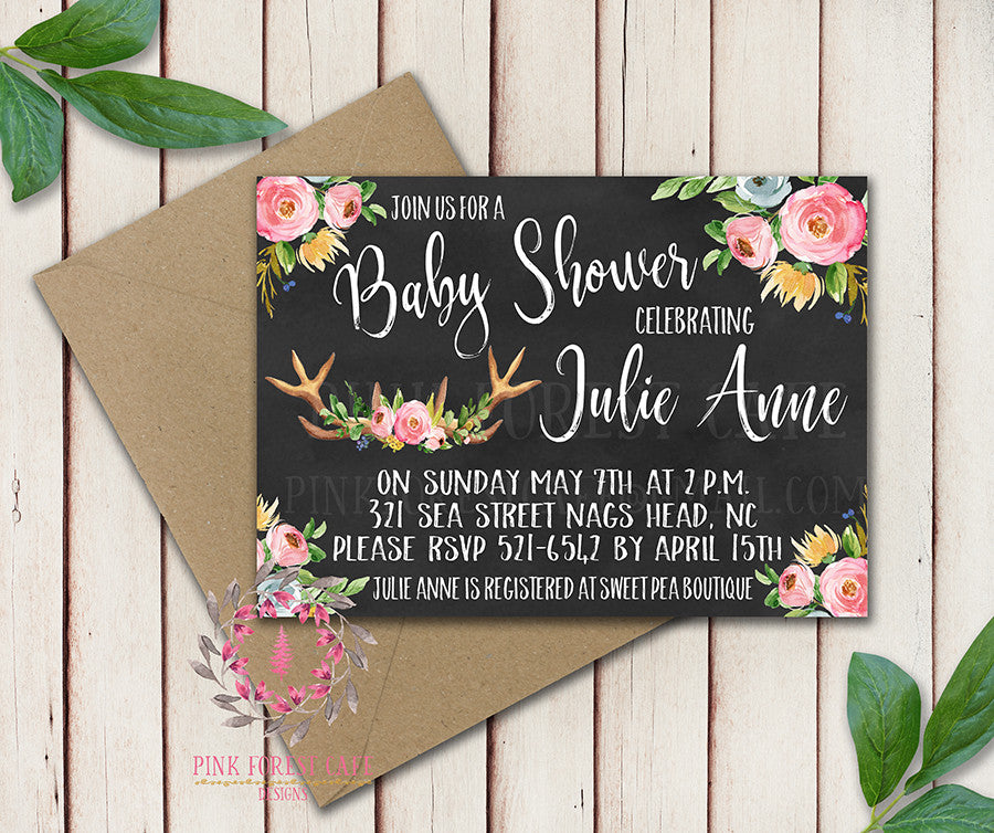 Baby Bridal Shower Invites Birthday Party Invitation Announcement Invite Deer Antlers Chalkboard Woodland Watercolor Floral Rustic Printable Art Stationery Card