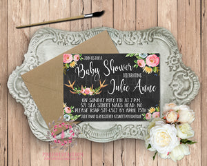 Baby Bridal Shower Invites Birthday Party Invitation Announcement Invite Deer Antlers Chalkboard Woodland Watercolor Floral Rustic Printable Art Stationery Card