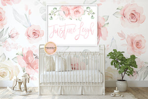 Custom Calligraphy Baby Girl Name Wall Art Print Personalized Sign Gift Peony Blush Roses Nursery Decor