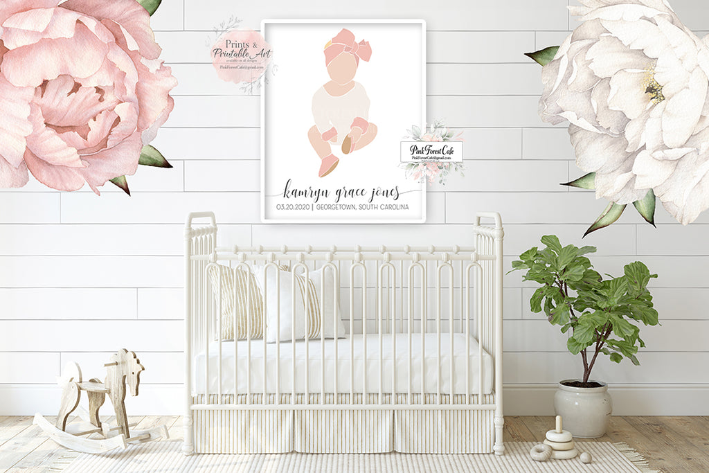 Boho Baby Girl Name Birth Stats Personalized Wall Art Print Nursery Scandinavian Printable Custom Color Decor