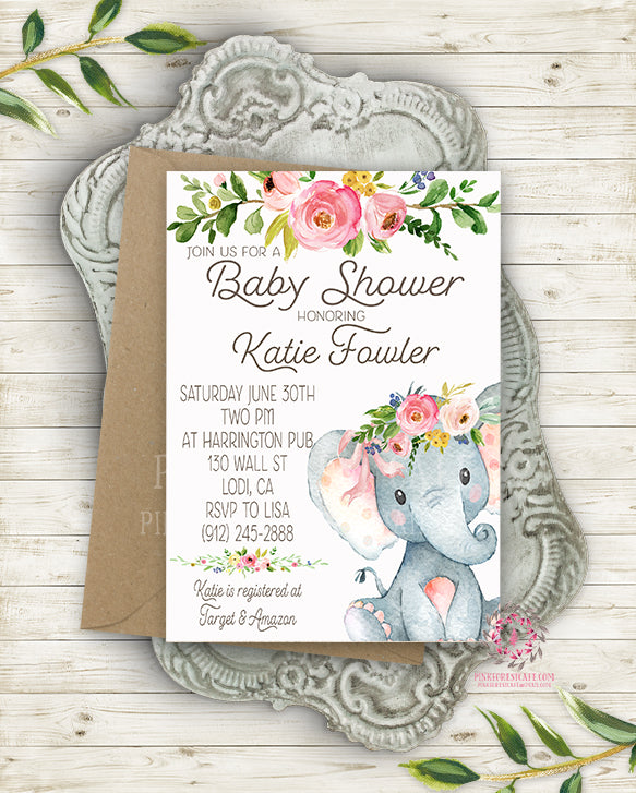 Boho Elephant Invite Invitation Baby Shower Floral Watercolor Birth Announcement Birthday Party Printable
