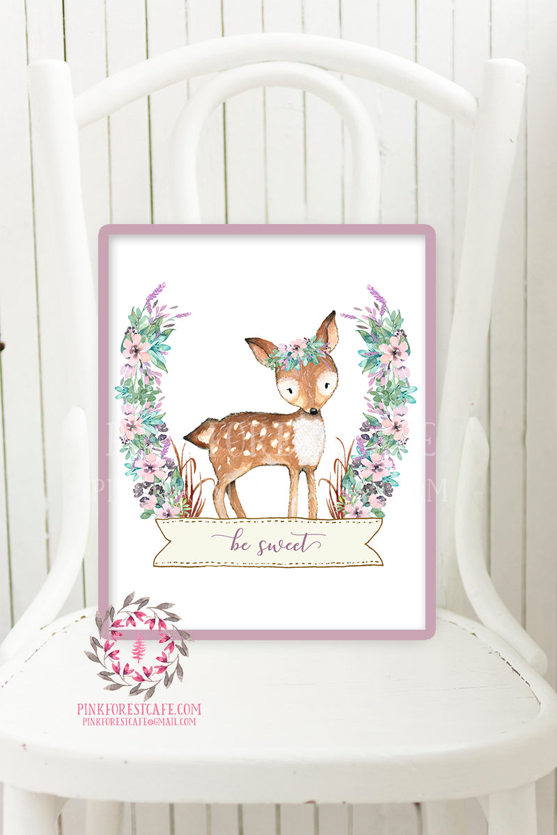 Boho Deer Woodland Nursery Printable Wall Art Print Purple Aqua Be Sweet Floral Baby Girl Room Decor