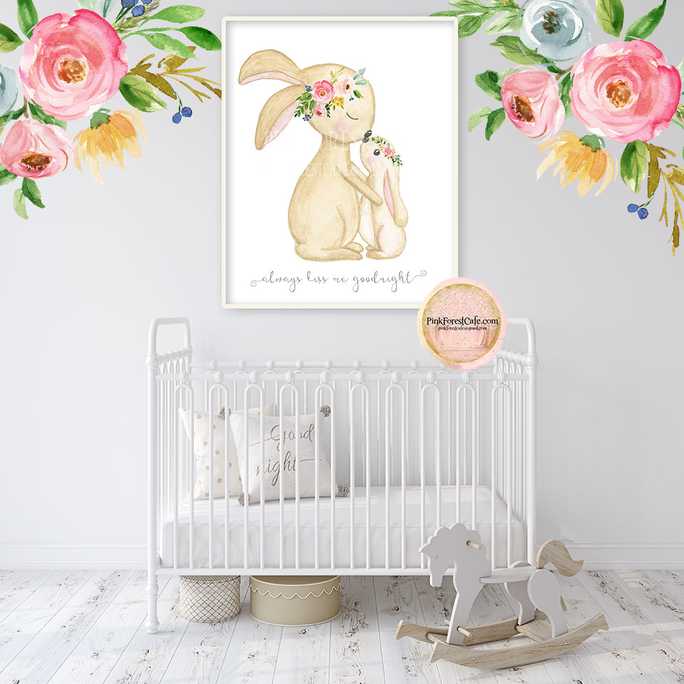 Boho Kissing Bunnies Bunny Rabbit Wall Art Print "Always Kiss Me Goodnight" Watercolor Baby Nursery Woodland Exclusive Printable Decor