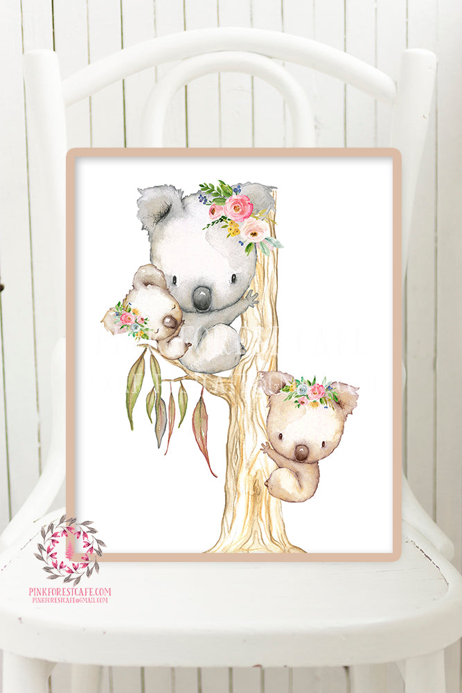 Koala Australian Boho Baby Watercolor Printable Print Wall Art Floral Nursery Baby Girl Room Decor