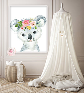 Boho Koala Bear Wall Art Print Woodland Nursery Baby Girl Room Floral Bohemian Watercolor Australian Animal Printable Decor