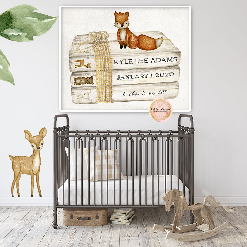 Woodland Bear Bunny Deer Fox Stacked Books Wall Art Print Birth Stats Baby Name Nursery Printable Decor